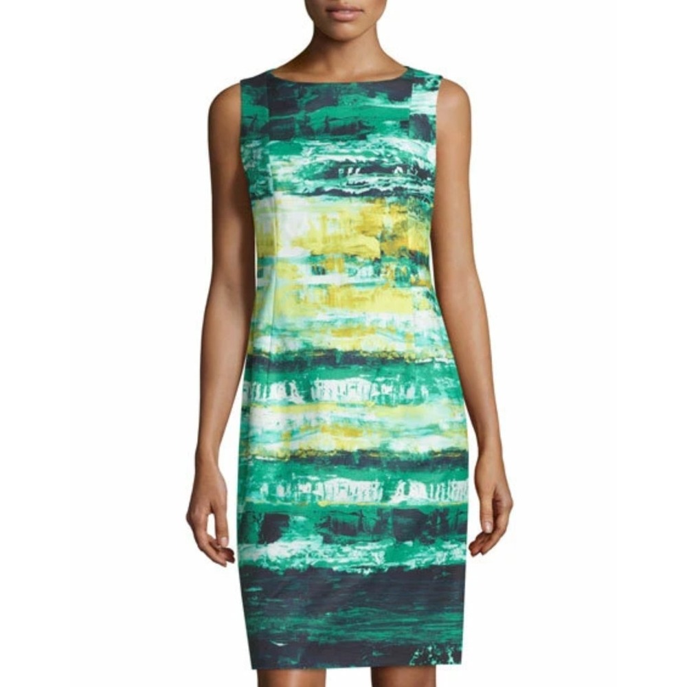 Lafayette 148 Faith Sheath Dress 12 Green Abstract Print Sleeveless Boat Neck
